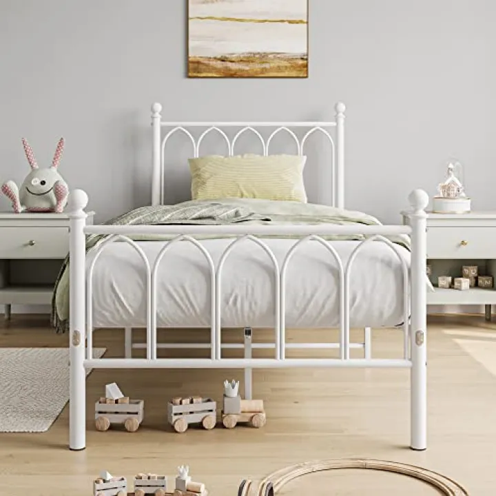 JELUTE Struttura letto singolo in metallo, 90 x 190 cm, con testiera e pediera, base resistente, supporto a doghe in metallo, colore: bianco