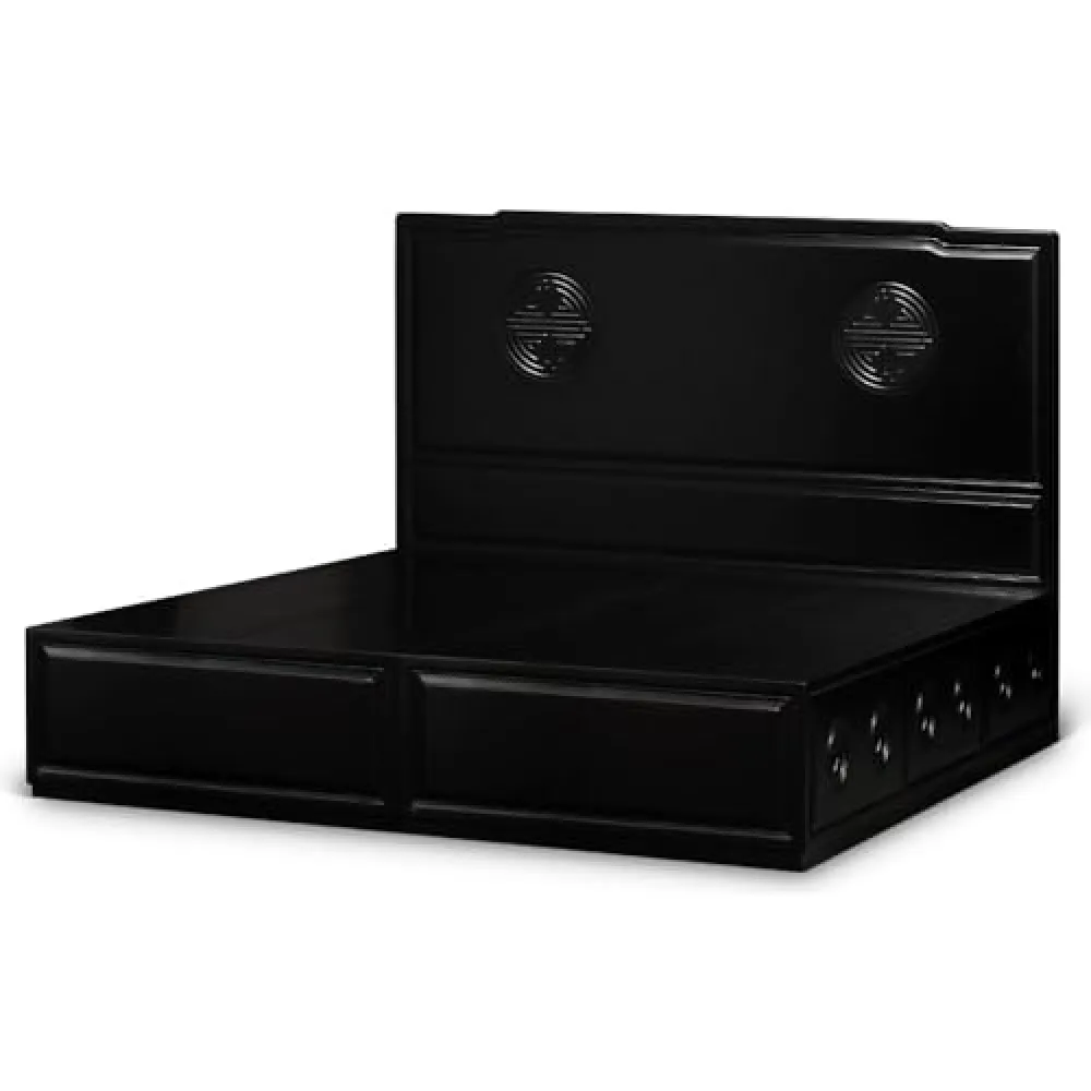 China Furniture and Arts Black Elmwood King Size Chinese Longevity Motif Platform Bed with 6 Drawers