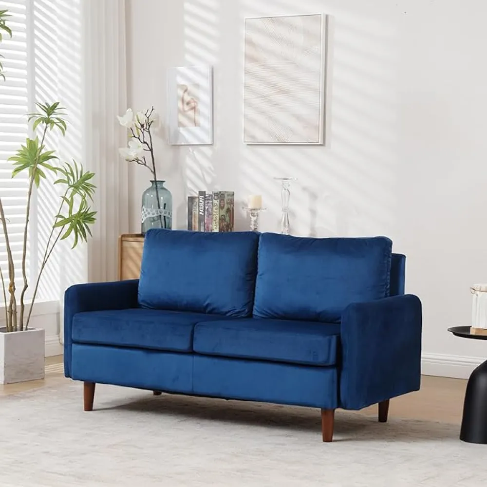 57" Loveseat Sofa Couch, 2 Seater Modern Small Sleeper Sofa, Round Arms Velvet Sofa with Solid Wood Frame, Sofas for Living Room, Guest Room, Teenager's Room, and Small Apartment, Blue