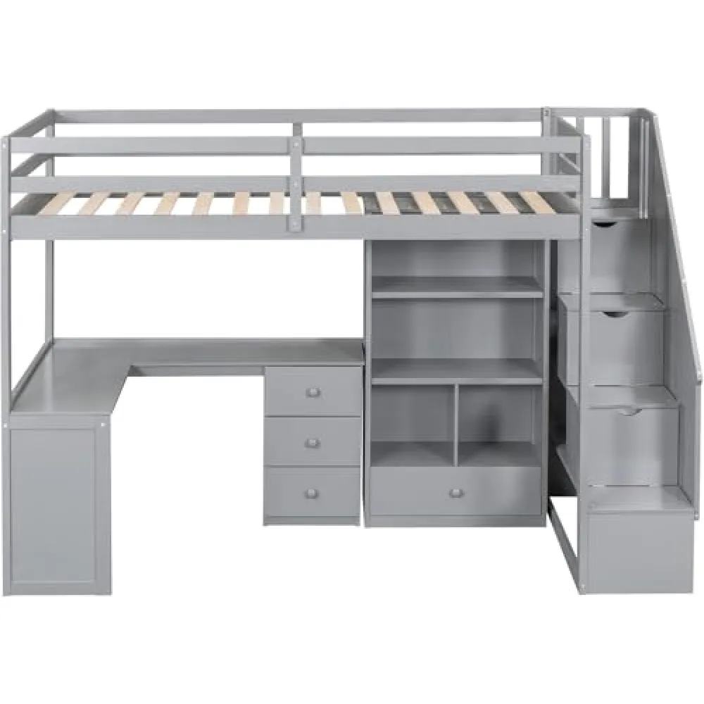 MERITLINE Twin Size Loft Bed with L-Shaped Desk,Storage Staircase,and Guardrails,Wood High Loft Bed with Storage Bookcase and 4 Drawers,for Adults, No Box Spring Needed (Grey)
