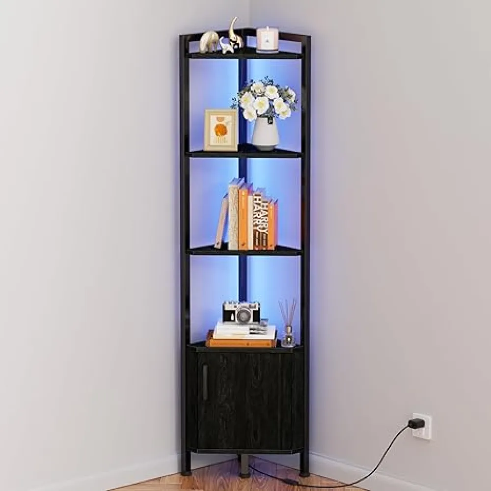 Furnulem Corner Shelf,5-Tier Corner Cabinet with Storage and LED Light, 62.8” Standing Display Bookshelf for Bedroom, Living Room, Kitchen, Wood Display Shelf (Black Oak)