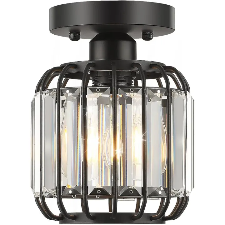 Small Semi Flush Mount Ceiling Light Fixture, Modern Black Crystal Ceiling, Small Hallway Light Fixtures, Entryway Light Fixture for Kitchen Hallway Foyer Dinning Room (Black)