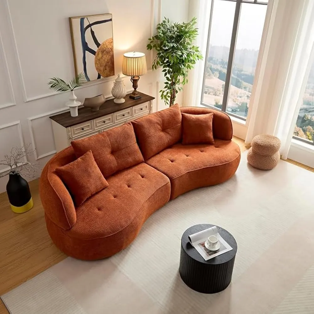 109" Curved Sofa Couch Modern Round Couch Deep Seat Sofa Upholstery Boucle Sectional Sofa with Pillows for Living Room Apartment Furniture,No Assembly Needed,Orange
