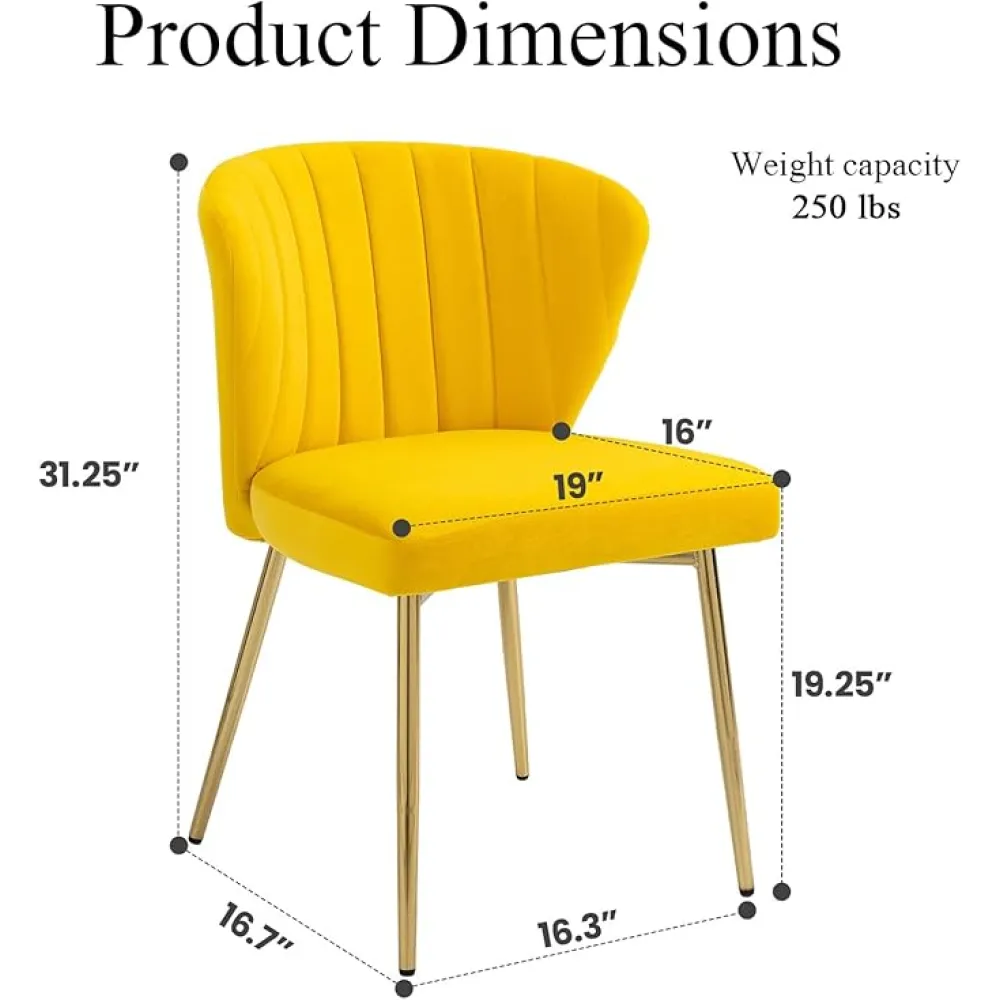 Velvet Dining Chairs Set of 2, Modern Upholstered Vanity Chairs with Golden Metal Legs for Dining Room Kitchen Vanity Patio (Yellow)