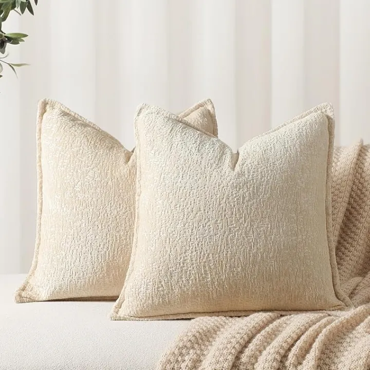 DEZENE Pack of 2 Beige Decorative Throw Pillow Covers 16x16 Cozy Soft Chenille Accent Vintage Square Couch Pillow Covers for Home Decor Bed Sofa Living Room