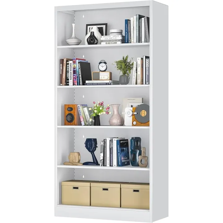 Metal Bookcase, 14" Deep Bookshelf, 66" Tall Bookcases with Adjustable Shelves, 5 Shelf Bookcase, Industrial Bookshelves and Bookcases for Living Room, Office, Library. White Book Shelf.