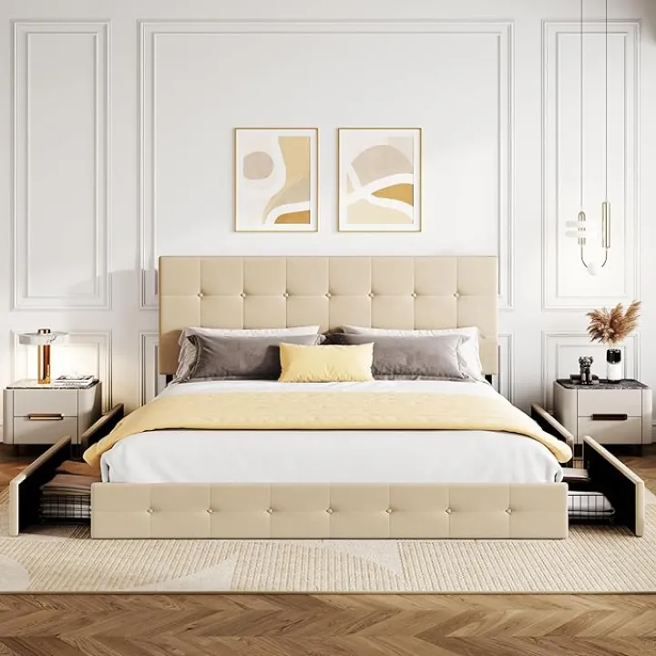 SHA CERLIN Upholstered King Size Platform Bed Frame with 4 Storage Drawers, Adjustable Headboard with Square Stitched Button Tufted Design, Wooden Slat Support, No Box Spring Needed, Beige