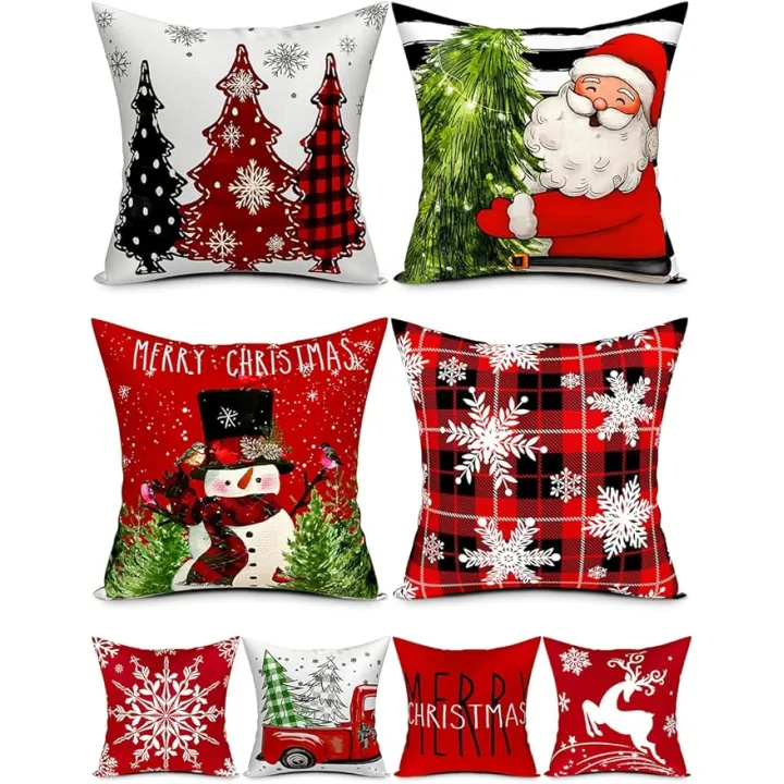Double-Sided Print Christmas Pillow Covers 18''x18'', Set of 4, 8 Christmas Patterns Christmas Tree, Snowman, Snowflakes, Merry Christmas, Deer, Santa Claus,Truck, Let It Snow, Soft Linen Material