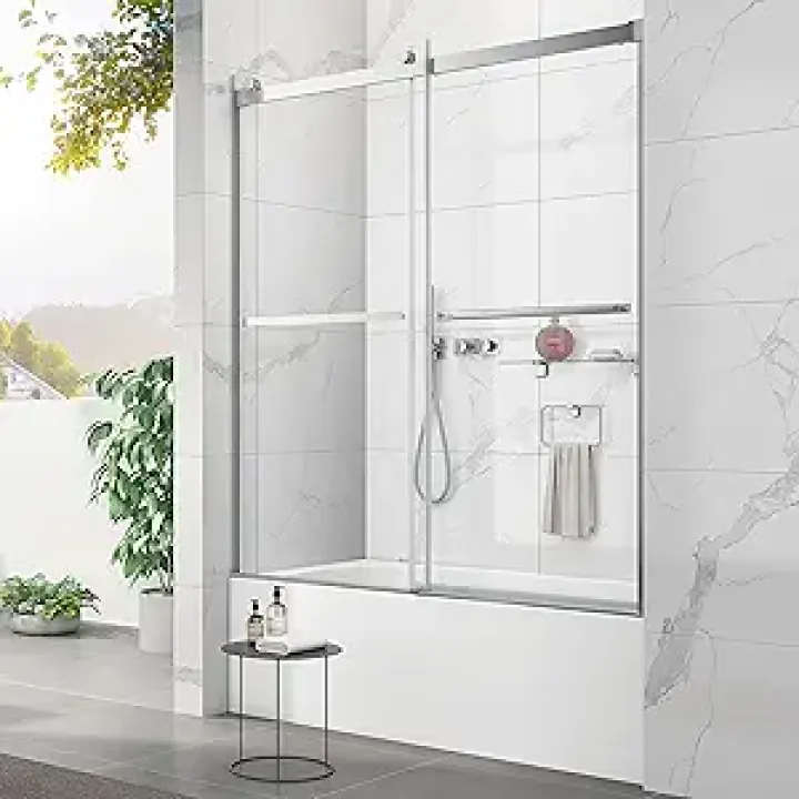 Sunrosa Tub Shower Door 56 1/8-60"×60", Double Sliding Bathtub Door, Frameless Tub Door with Tempered Glass, Glass Shower Door for Bathtub in Chrome