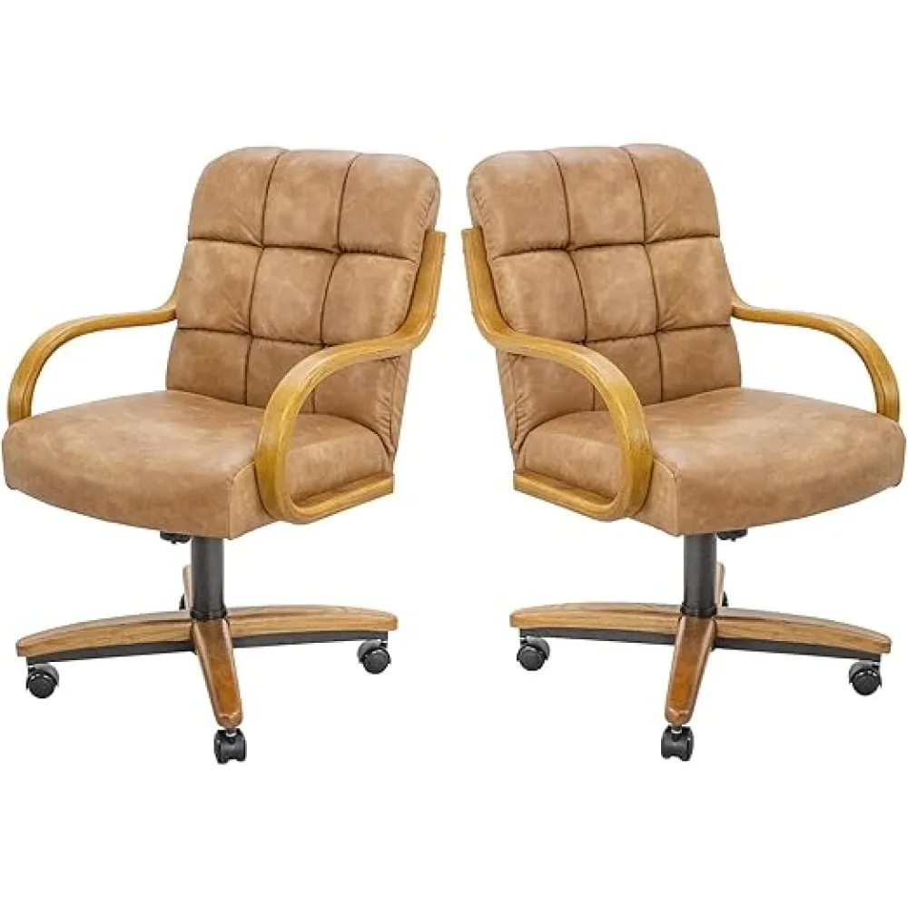 Chromcraft Set of 2 Caster Swivel Tilt Dining Chairs PU Leather Casual Rolling Chairs with Soft Wheels for Kitchen & Room(Ivanhoe NPL Cognac)