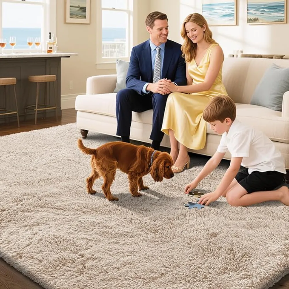 Fluffy Rug Shaggy Area Rug, Beige 4x6 Area Rugs for Bedroom, Small Bedside Rug, Soft Fluffy Shaggy Entryway Throw Rugs for Living Room Bedroom Kids Room Home Decor