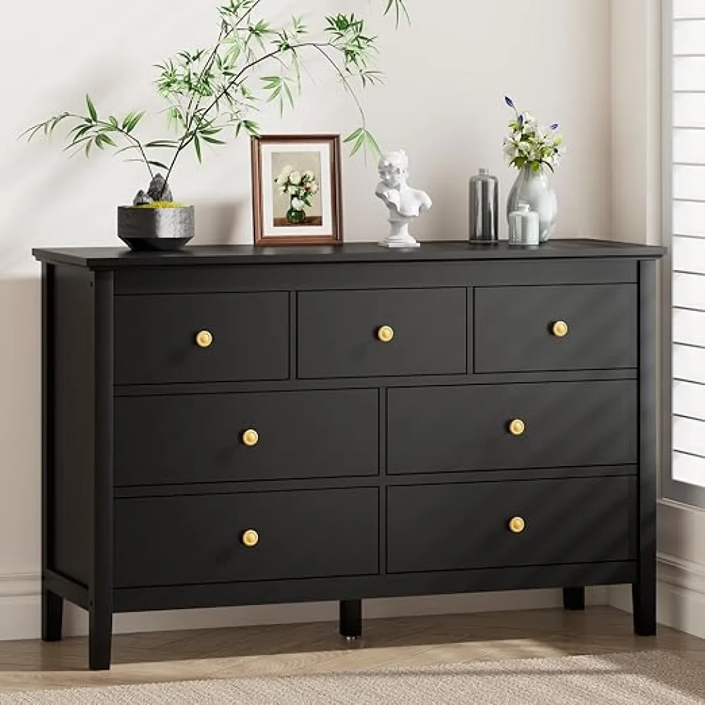 CARPETNAL 7 Drawers Dresser for Bedroom, Black Dressers & Chests of Drawers with Gold Handles and 7 Large Drawer, Modern Wooden Storage Organizer Cabinet for Hallyway, Entryway