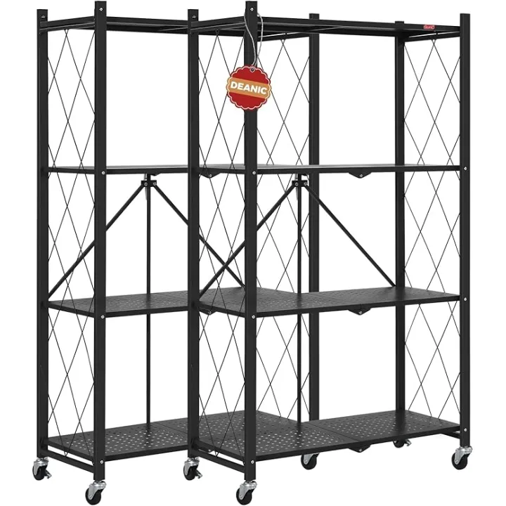 DEANIC 4 Tier Foldable Storage Shelves with Wheels, Large Capacity Shelving Unit, Freestanding Metal Wire Shelf Rack, No Assembly Organizer Rack for Garage Kitchen, Basement, Pantry(Black Pack of 2)