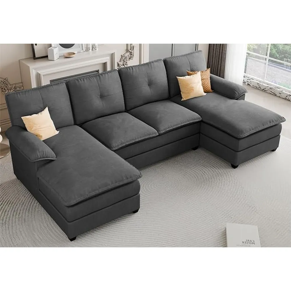JAMFLY Sectional Couches for Living Room, U-Shaped Couch 4 Seat Sofas with Double Chaises, Modern Modular Sectional Sofa Set for Apartment Furniture for Apartment, Black