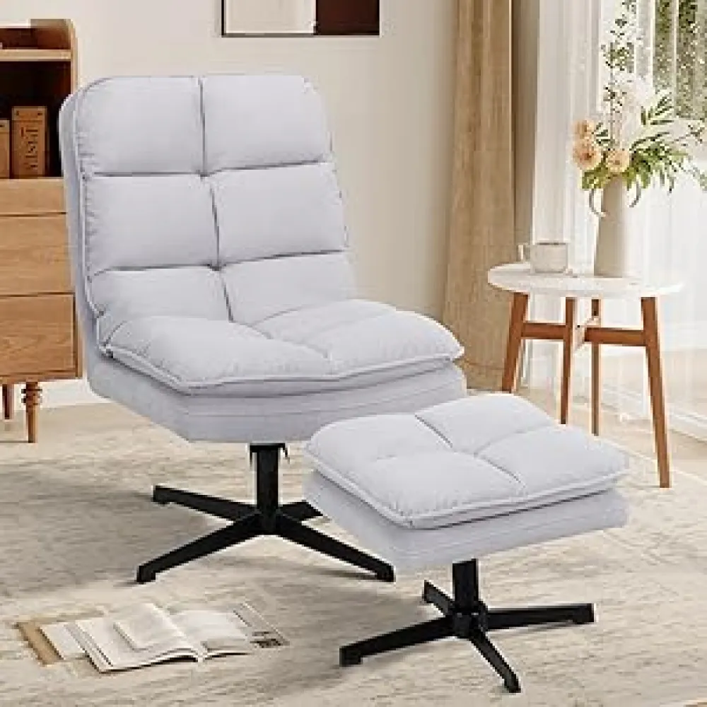 COLAMY Swivel Accent Reading Chair with Ottoman, Modern Velvet Upholstered Lounge Chair with 360° Swivel and Criss-Cross Legs, Comfy Reading Chair for Bedroom, Living Room, Office,LightGray