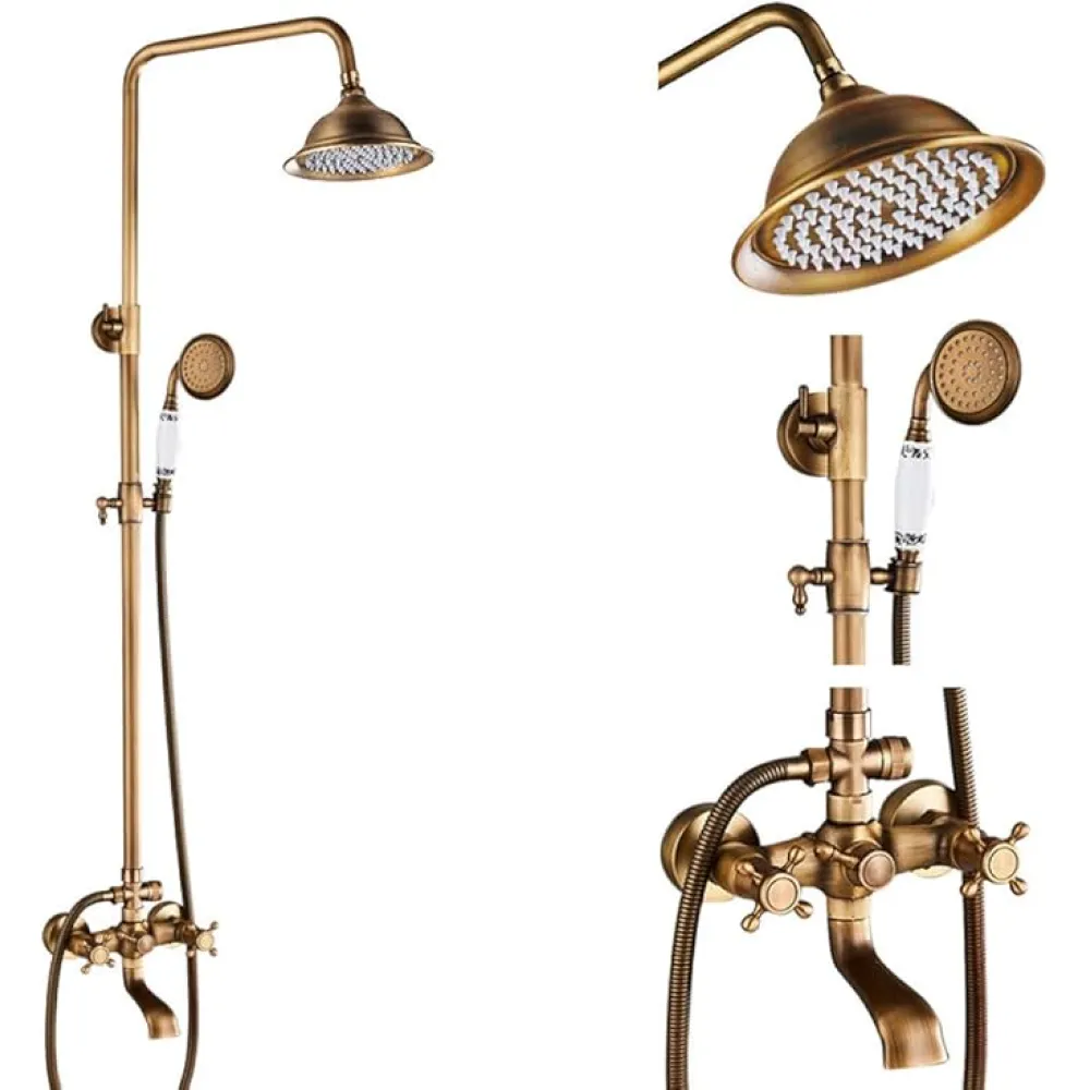 Antique Brass Shower Faucets Set 8'' Rainfall Shower Commodity Shelf Dual Handle Mixer Tap Swivel Tub Spout Bath Shower,Type B Without Shelf (Type C Without Shelf)