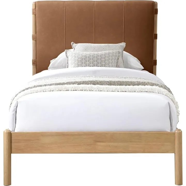Meridian Furniture AsherCognac-T Asher Collection Mid-Century Modern Twin Bed with Soft Cognac Vegan Leather, Solid Wood Natural Finish, 42" W x 80.5" D x 43.75" H, Cognac, Twin