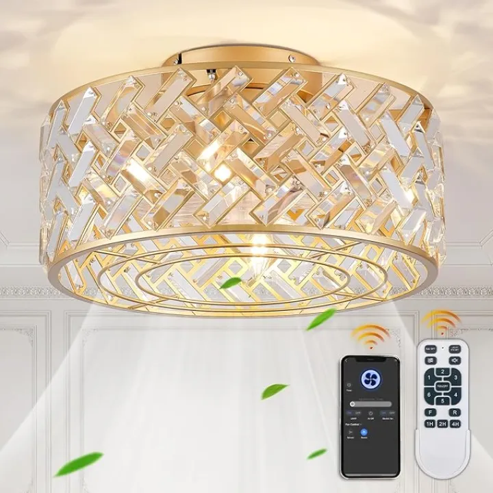 18 Inch Caged Ceiling Fans with Lights, Low Profile Ceiling Fan and Remote Fandelier Crystal Fan Light for Bedroom Living Room Dining Room Kitchen Indoor, Including Bulb (Gold)