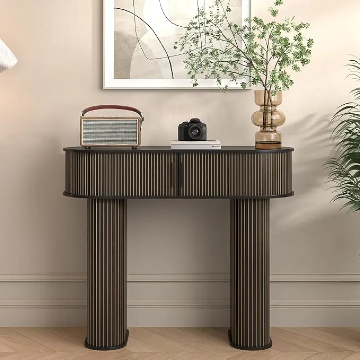 Round Console Table, Mid Century Modern Console Table, Sofa Table, Narrow Entryway Table for Hallway Living Room (Black)