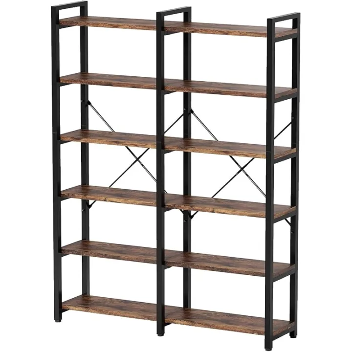 MXV Double Wide Book Shelf, Industrial Bookshelf with Metal Frame, Open Large Book Shelf, Wood and Tall Display Shelves for Home and Office, 6-Tier, Rustic Brown and Black