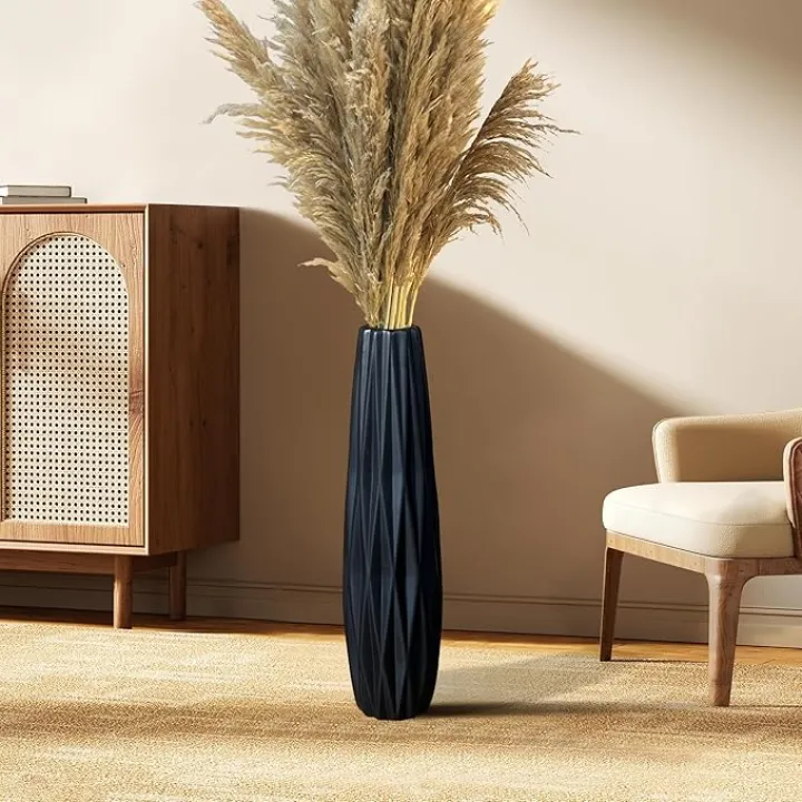 Black Matte Floor Ceramic Vase - Large 17.7 Inch Tall Decorative Modern Minimalist Style Flower Vase for Pampas Grass, Living Room, Office Centerpieces, Can Water-Holding