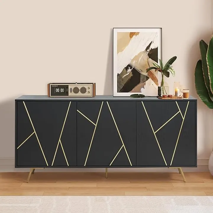 63 Inch Mid Century Modern Sideboard Buffet with Storage, Large Wood Accent Cabinet with Shelves, Console Cabinet for Living Room, Kitchen, Black