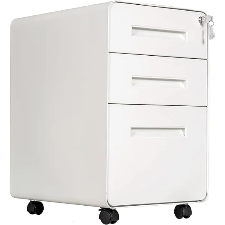 Panana 3 Drawer Mobile File Cabinet with Lock, Under Office Desk Metal Rolling Filing Cabinet Legal/Letter File Folders with Wheels and Stationary Feet for Home/Office, Fully Assembled (White, SIZE1)