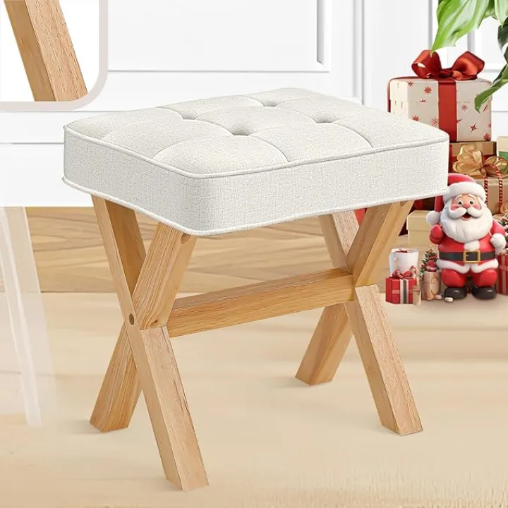 Ottoman Foot Stool, Upholstered Cushion Vanity Stool with Wood X-Leg,Small Make up Stool for Vanity,18 Inch Fabric Foot Stool, Rectangle Makeup Stool for Bedroom, Living Room, Beige