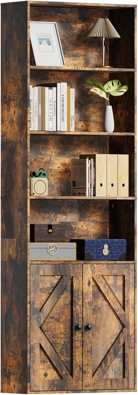 Tall Wooden Bookshelf with Cabinet and Doors – Vintage Brown Bookcase for Bedroom, Living Room, or Home Office Storage – 6 Shelves for Heavy Books & Organization