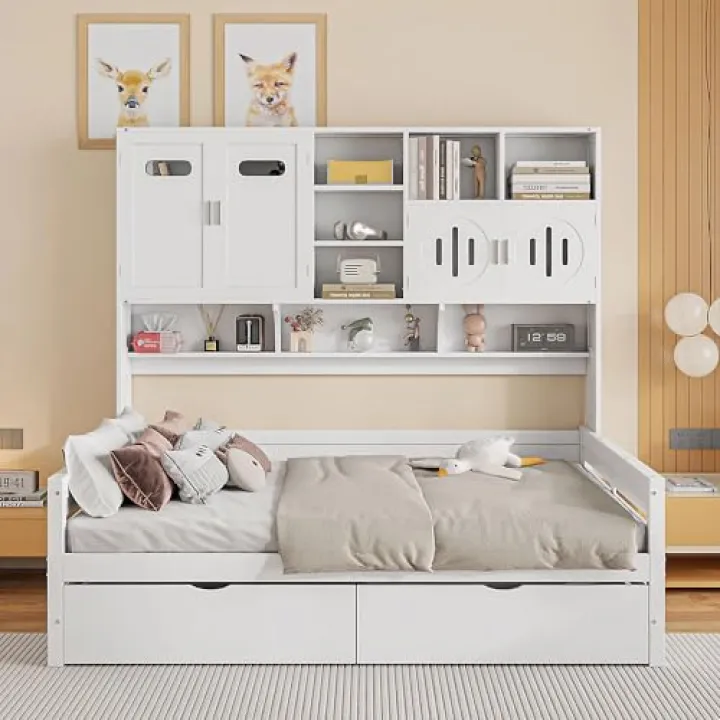 SOFTSEA Daybed with Bookcase & Drawers - Full Size Captains Bed with All-in-One Cabinets for Kids, Teens & Guests, White