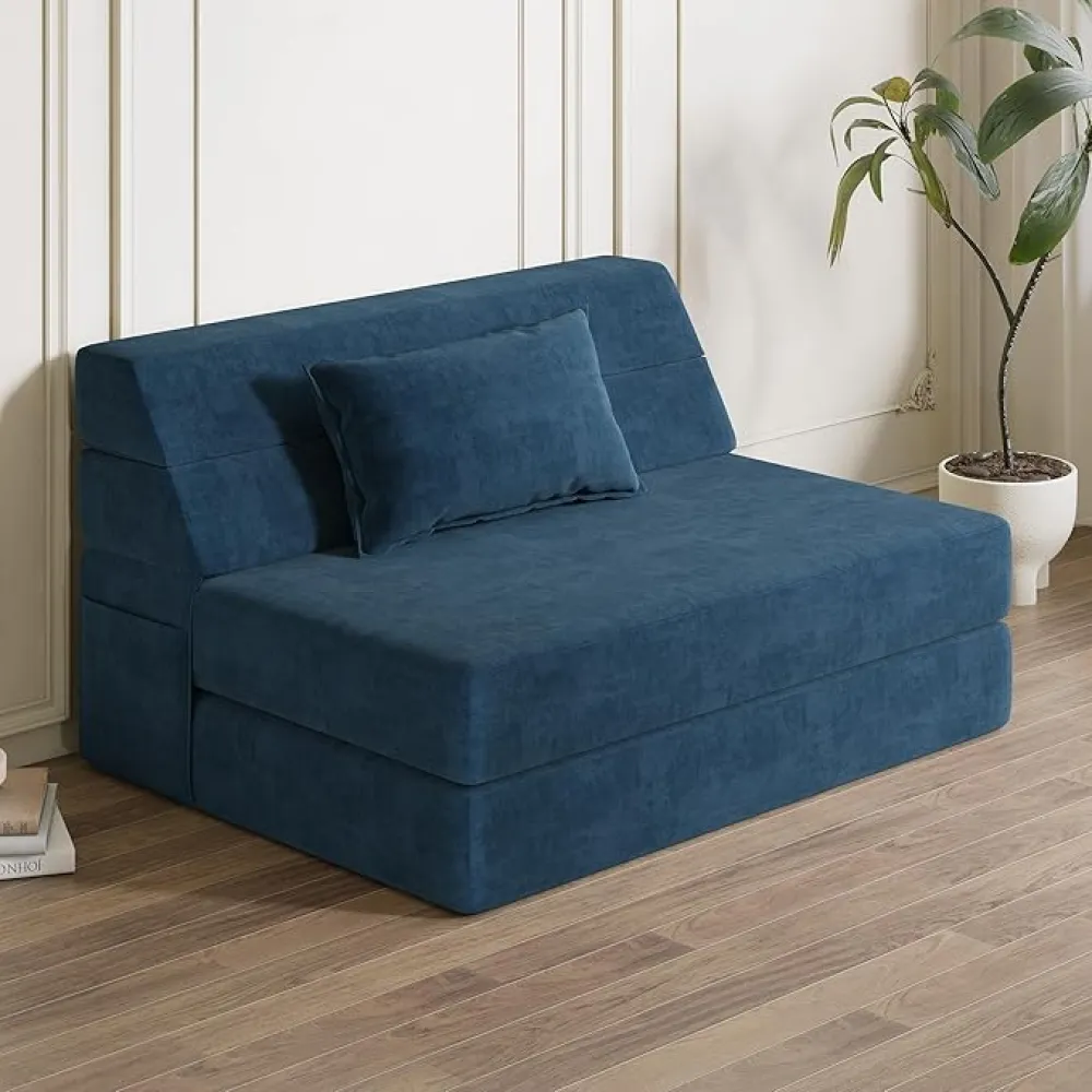 Luoxiao Folding Sofa Bed Convertible Sleeper Chair with Pillow Fold Out Couch Memory Foam Floor Mattress Portable Futon Sofa Bed Lazy Sofa for Living Room/Dorm/Guest Room/Home Office, Twin, Navy Blue