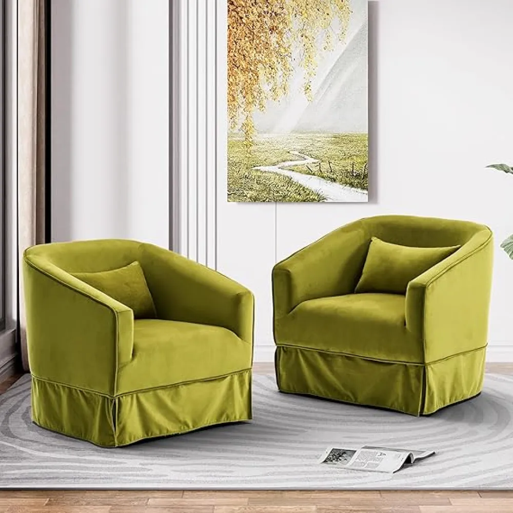 Swivel Accent Chair Set of 2, Comfy Modern Barrel Chair with Skirt for Bedroom, 360°Upholstered Velvet Small Cozy Club Chair for Living Room Nursery Compact Space, Olive Green