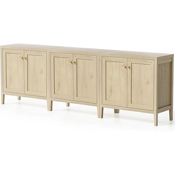 Sideboard Buffet Cabinets Set of 3 with Adjusable Shelves, Farmhouse Storage Cabinet, Credenza, Accent Cabinet, Kitchen Coffee Bar Console Table for Living Dining Room, Light Oak