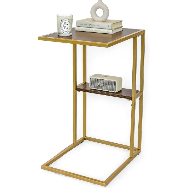 C Shape Gold Side Table with Wooden Surface - Gold Accent C Shaped Side Table for Living Room and Bedroom - Nightstand with Bottom Shelf - Portable Desktop