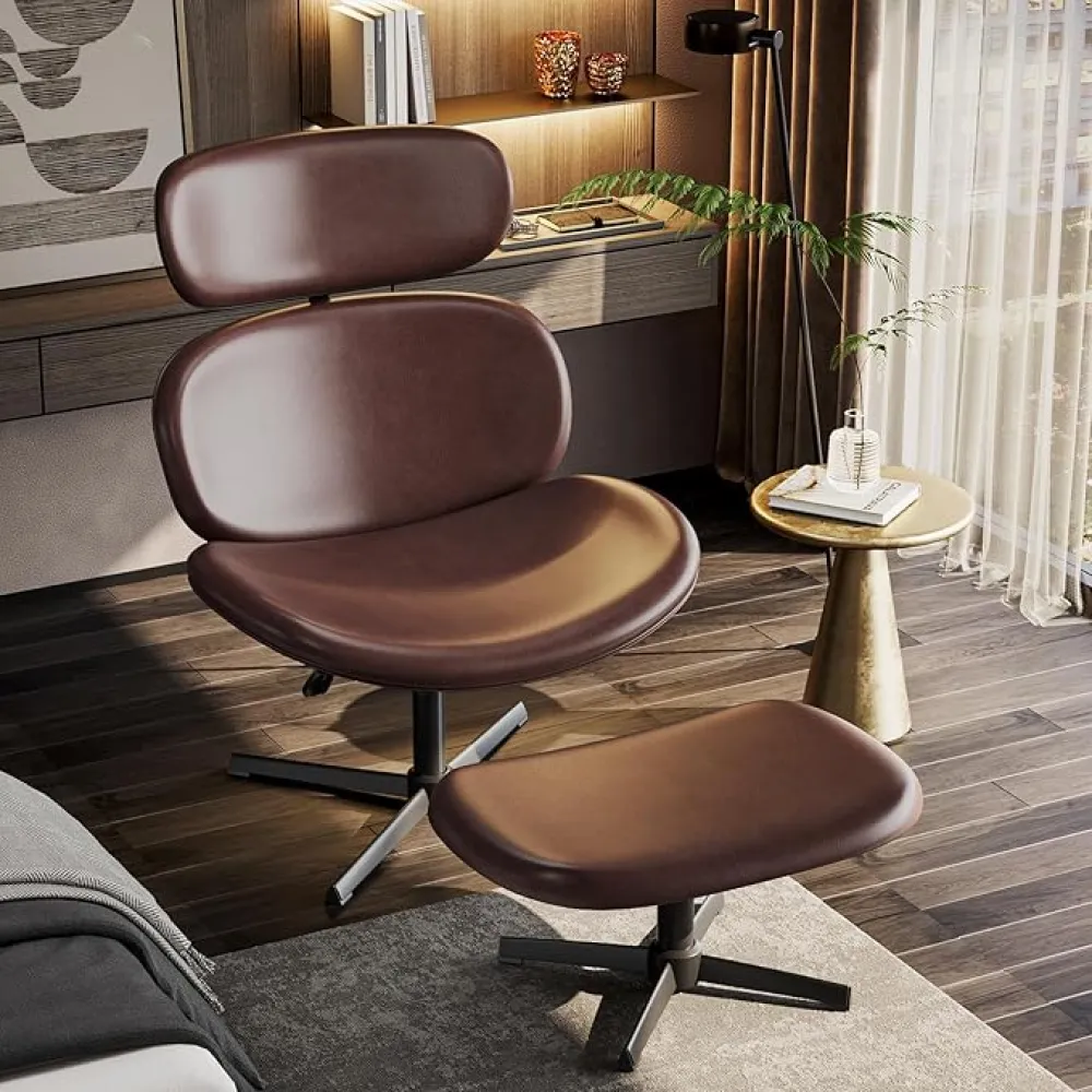 Bestier Swivel Accent Chair with Ottoman No Wheels, PU Criss Cross Reading Chair with Extended Headrest & Adjustable Seat, Modern Armless Ergonomic Chair for Living Room, Dark Brown