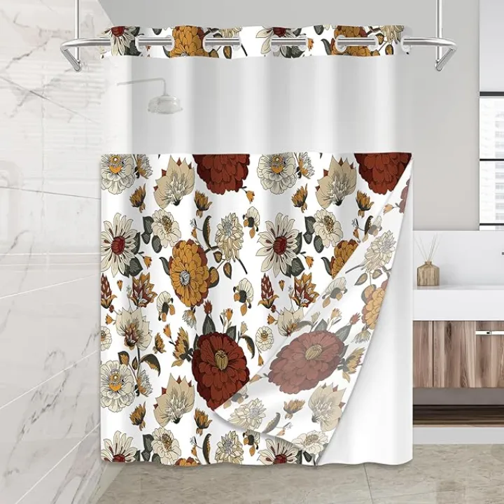 No Hook Shower Curtain Set with Snap in Fabric Liner for Bathroom,with See Through Top Window,Double Shower Curtain with Detachable Liner Replacement,Machine Washable,Boho Flowers,71"x 74"