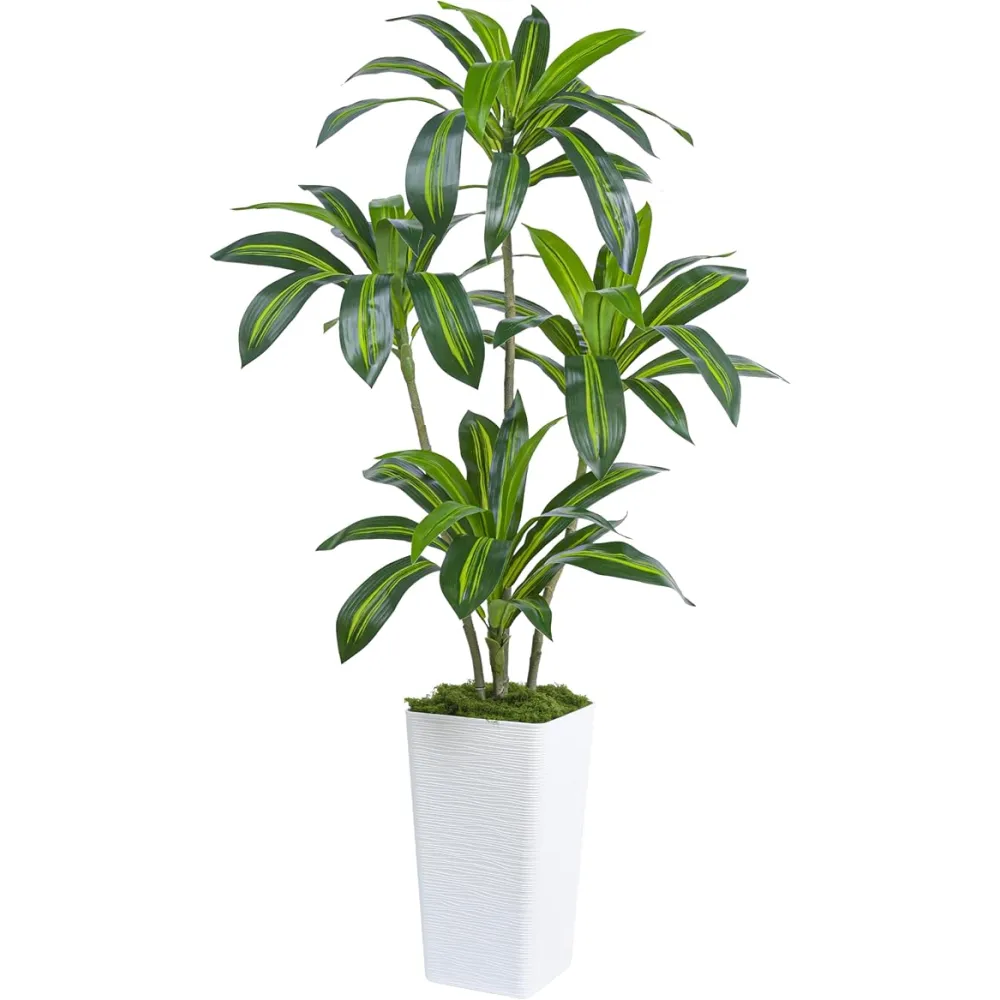 Artificial Dracaena Tree Artificial Silk Tree Faux Tree Fake Tropical Yucca Floor Plant with White Tall Planter (1, White Tall Planter, 5FT)