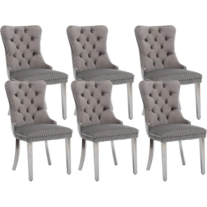 Henf Modern Velvet Upholstered Dining Chairs Set of 6, Tufted High Back with Nailhead Trim & Stainless Steel Legs, Gray