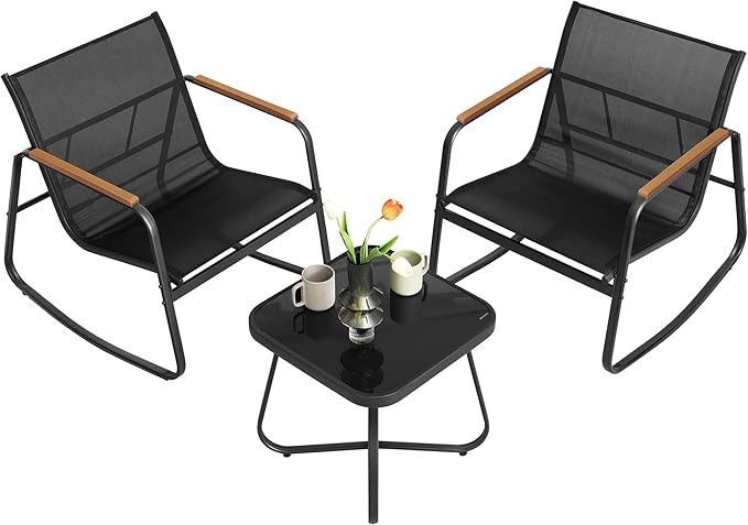 SONGMICS 3-Piece Patio Furniture Set, Garden Coversation Set, 2 Rocking Chairs, Table, Outdoor Lawn Backyard, Steel, with Armrests, Breathable Synthetic Fabric, Ink Black UGGF0027B01