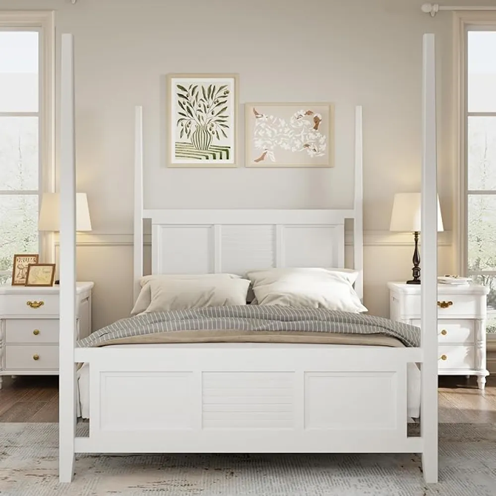 Queen Size Four Poster Bed, Solid Wood Platform Frame with Horizontal Grille Design, Headboard and Slat Support, No Box Spring Required, Easy Assembly, Elegant White Finish