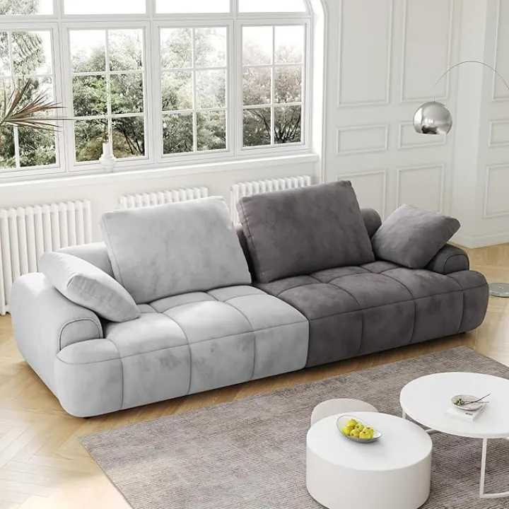 Stylish Featured Color Blocking Sofa Comfortable Suede 3-Seater Upholstered Sofa Foam Sofas with Wide Armrests Deep Seat Suitable for Living Room (Grey + Beige)