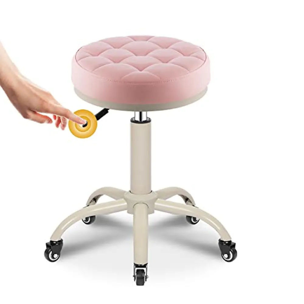 Sgabello da bar girevole in pelle PU, sgabello rotondo con ruote regolabili in altezza 45-60 cm, per cucina, bar, salone, spa, clinica, ufficio, sedia da lavoro, beige