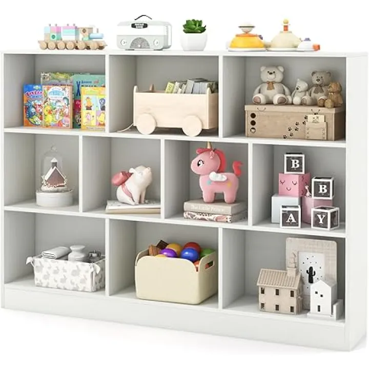 HONEY JOY Kids Toy Storage Organizer, 10-Section Wooden Floor Storage Cabinet, 41” Daycare Toy Chest, 3-Tier Kids Display Bookshelf for Classroom, Playroom & Nursery, Kindergarten (White)