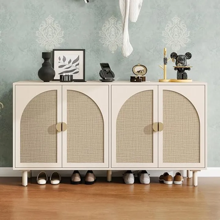Beige Rattan 4-Door Buffet Cabinet - Boho Style Sideboard with Storage for Dining & Living Room
