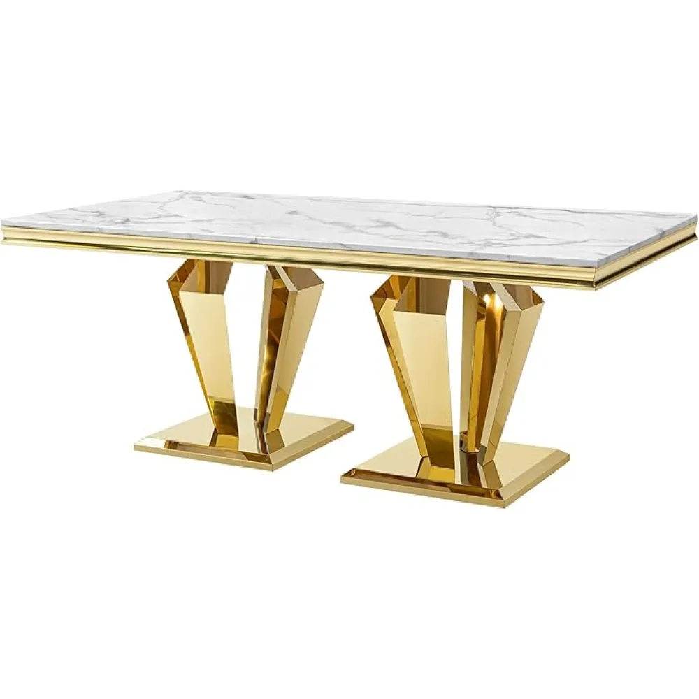 78.74" Dining Table for 6-8,Elegant Kitchen Table with Faux Marble Top Dining Room Furniture with Gold Base MDF Imitaion Marble Grain Top for Kitchen Dining Room/Meeting Room