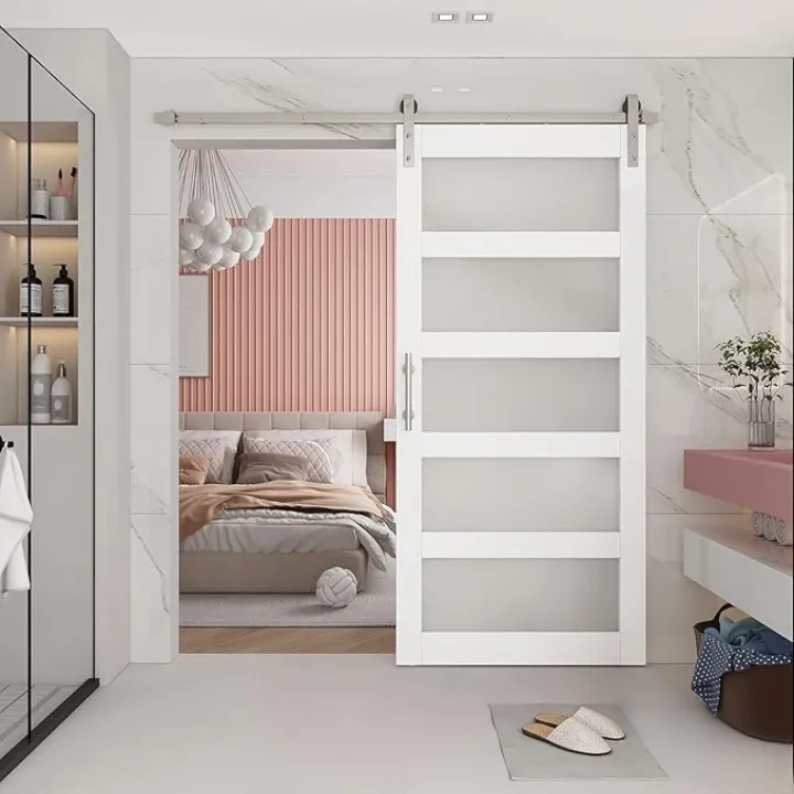 BARNSMITH 48in x 96in Glass Barn Door and 8FT Nickle Sliding Door Hardware Included, 5-Panel Frosted Glass Sliding Barn Door, Solid Wood Covered with Water-Proof PVC Surface, Easy Assembly, White