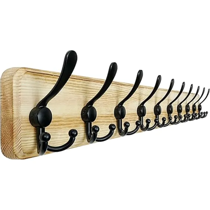 Dseap Coat Rack Wall Mount - 38-1/4" Long, Heavy-Duty, 10-Hooks, Rustic Wooden Wall Coat Hanger Hook Rail for Winter Jackets, Hats, & Clothing, Light Brown & Black