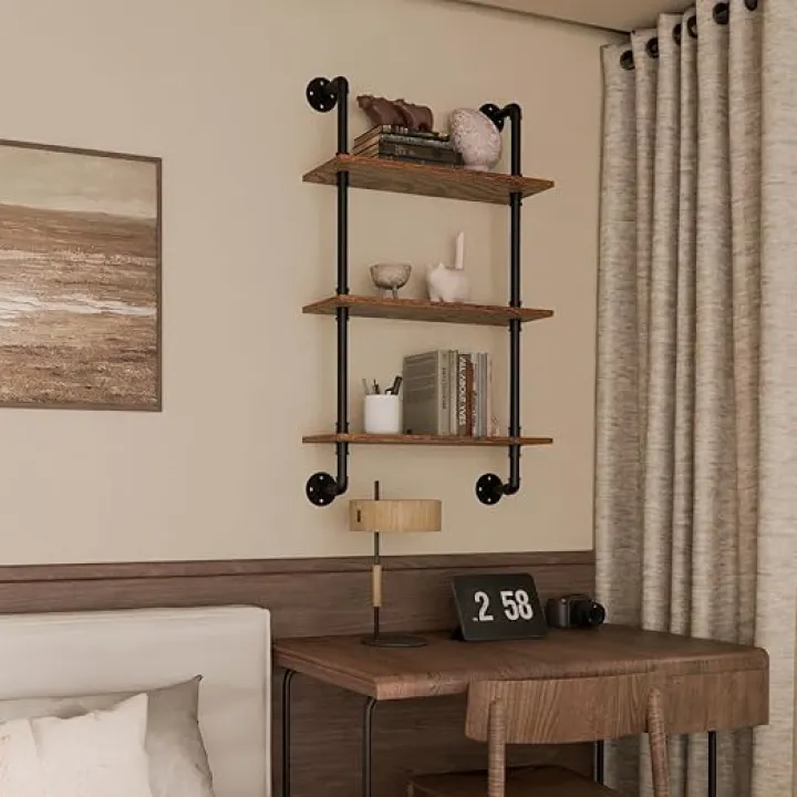 3 Tier Industrial Pipe Shelf Hanging Bookshelf,Industrial Wall Shelves Floating Shelves,Wall Mounted Rustic Wood Pipe Shelving for Kitchen Office Bathroom