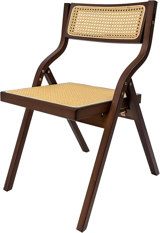 Folding Dining Chair, Vintage Cane Kitchen Chair with 360° Rotating Backrest, 220.46LBS Load Capacity, V-Shaped Leg Chair for Living Rooms, Balconies