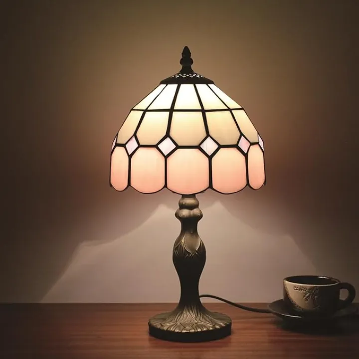 Tiffany Table Lamp 8", Pink Tiffany Style Lamps Tiffany Table Lamp Handmade Desk Bedside Decor for Home Office Bedroom Living Room, 8X8X15 Inches